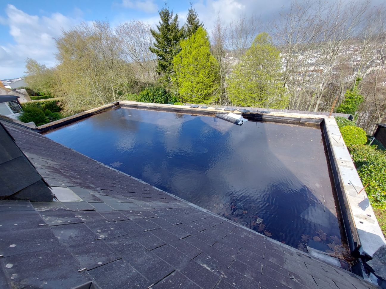 Montée en charge d'une toiture terrasse en cours de travaux, car des végétaux ont bouché l'exutoire
